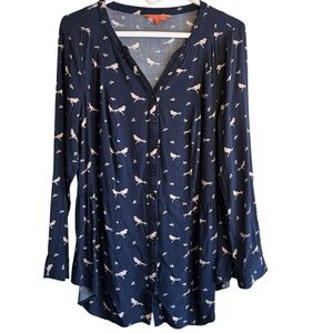 ModCloth Navy Trusty Traveler Blue Bird Print Long Sleeve Blouse Tunic XL